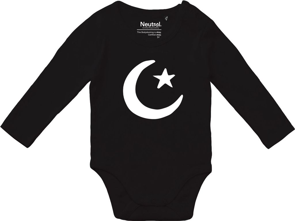Huuraa Baby Body Halbmond und Stern Islam 80 Black Baumwolle Fairtrade Langarmbody Geschenkidee