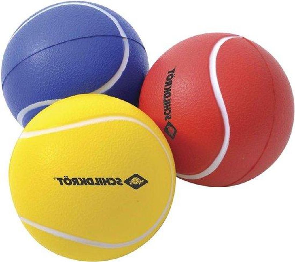 Beachbälle-Set aus PolyurethanSchaum Ø 7 cm, 3 Stück, gelb rot blau, weich, für Beachvolleyball und Beachtennis.