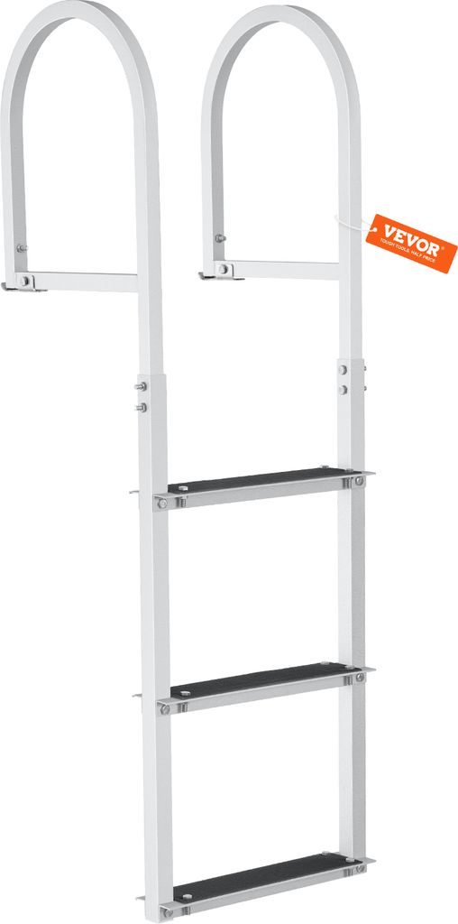 A white dock ladder with three removable steps, each with a black non-slip mat, is shown against a white background. An orange VEVOR tag is attached to the right side of the ladder.