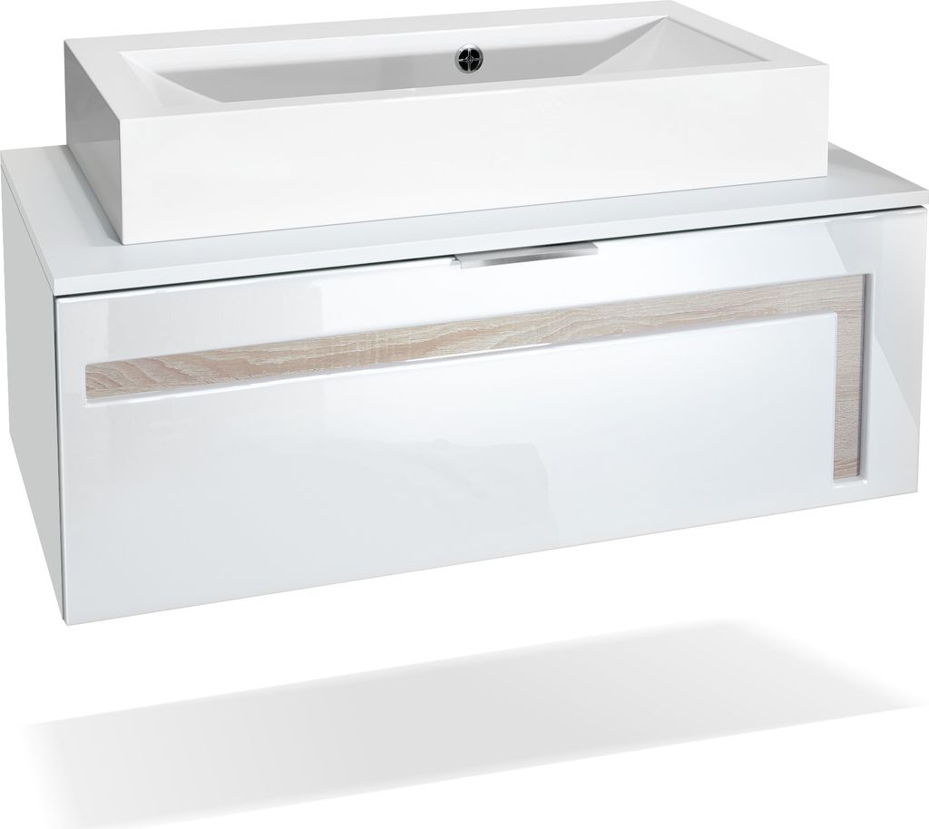Vladon Waschtisch Waschbecken Unterschrank Aloha V2, Germany, Korpus in Weiß matt / Fronten in Weiß Hochglanz mit Absetzungen in Eiche sägerau, ...