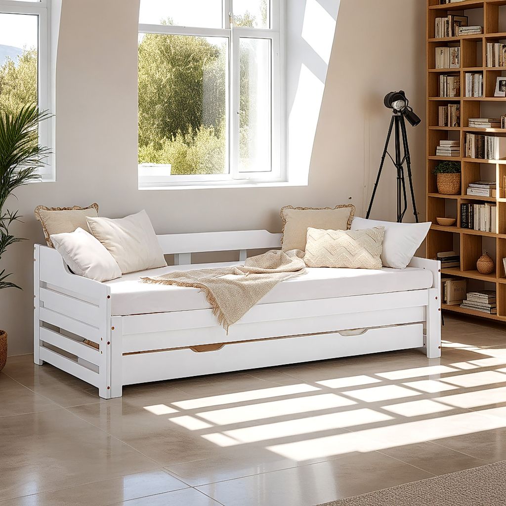 Homestyle4u Tagesbett Ausziehbett 90x200 cm mit Bettkasten Holzbett Weiß mit Lattenrost
