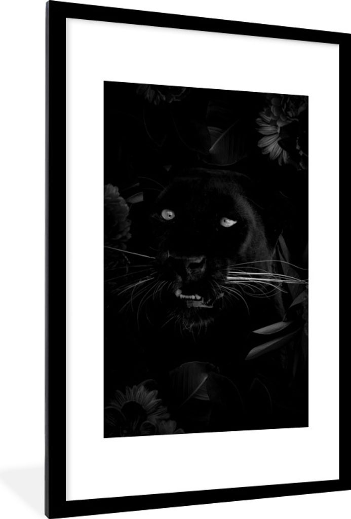 MuchoWow Gerahmtes Poster Botanischer Panther auf schwarzem Hintergrund - schwarz und weiß 60x90 cm - Poster mit Schwarzem Bilderrahmen Wandpost...