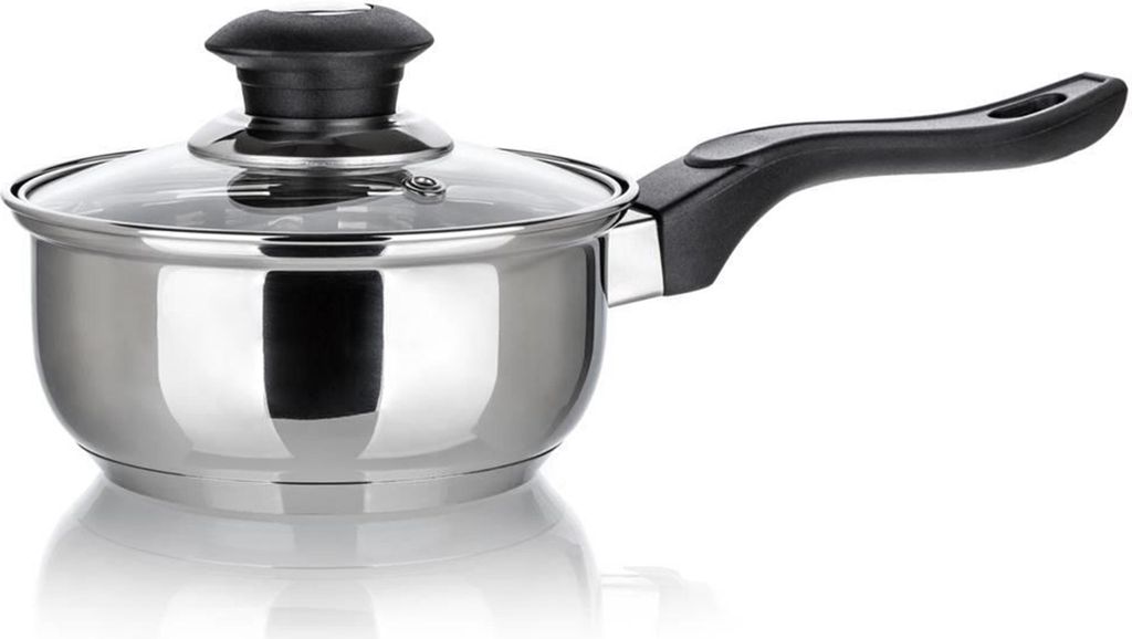 A stainless steel saucepan with a glass lid and a black handle, isolated on a white background.