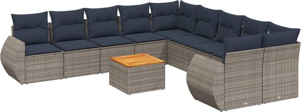 vidaXL 11-teiliges Gartensofa-Set mit Kissen, grau, Polyrattan
