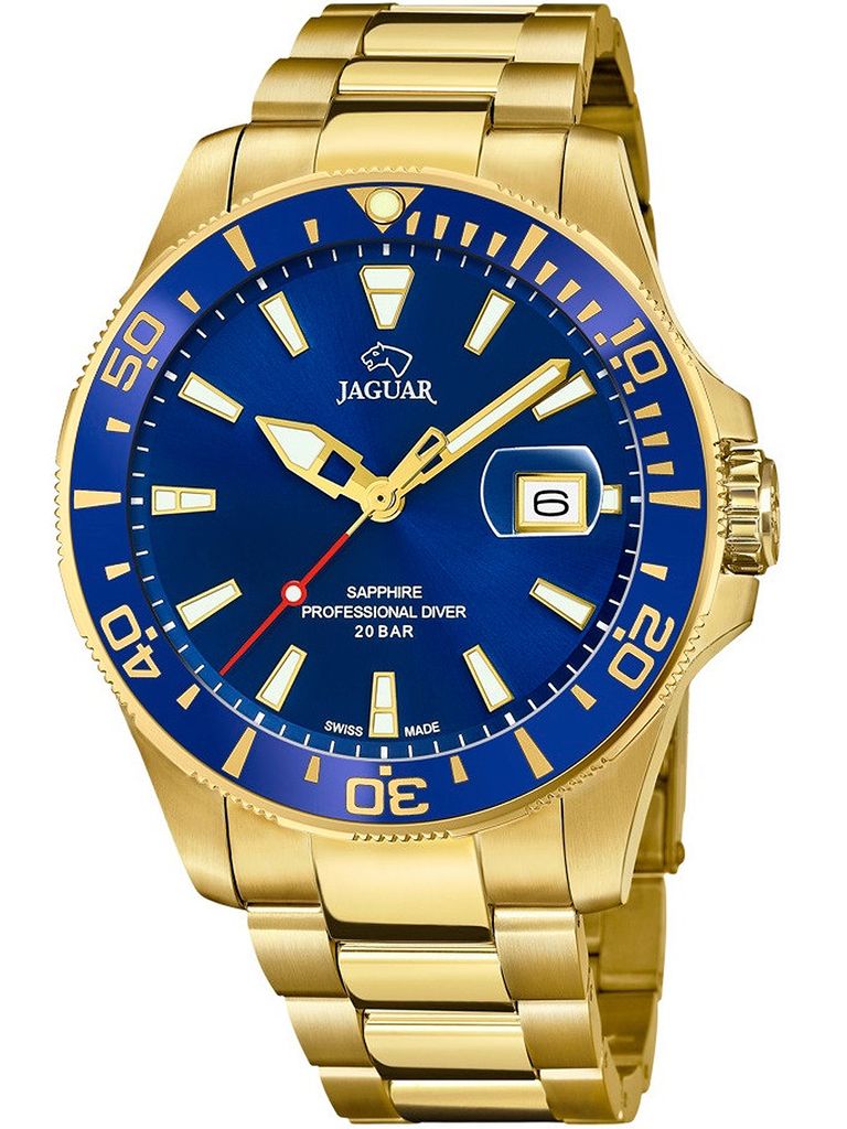 A gold-plated Jaguar Professional Diver watch with a blue dial, shown against a white background.