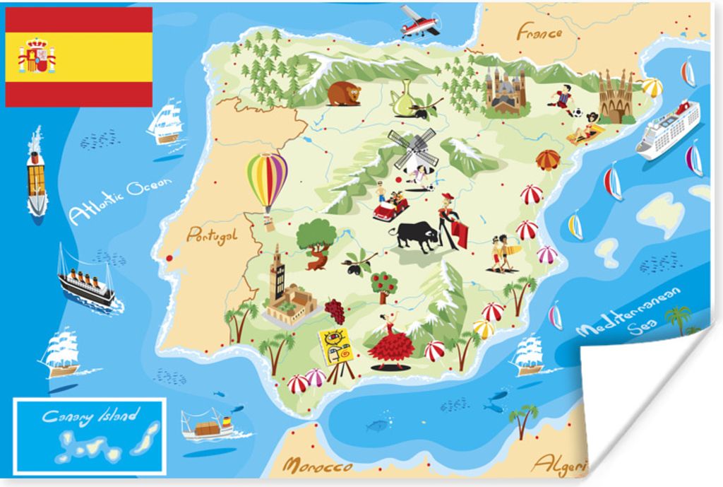 MuchoWow Poster Karte von Spanien mit Illustrationen 90x60 cm - Schlafzimmer