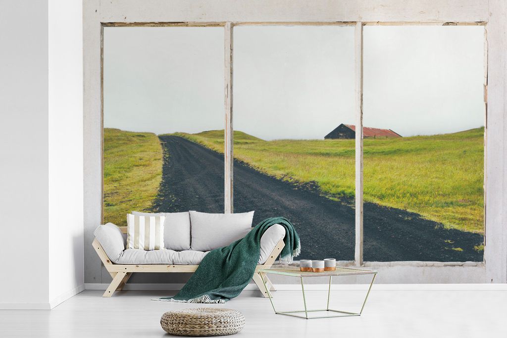 MuchoWow Fototapete für Wohnzimmer oder Schlafzimmer Wandtapete Vinyl Motivtapete Aussicht - Straße - Gras - 450x300 cm - Gemusterte