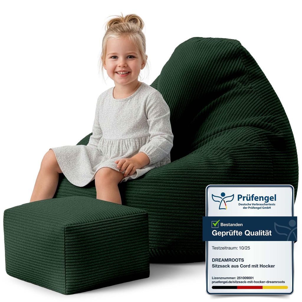 Dreamroots Bean Bag 70x70x70 cm Sitzsack Kinder mit Lehne und Hocker und Bezug Sitzkissen Boden Chill Sack Sitzsack mit Füllung, Forest Symphony