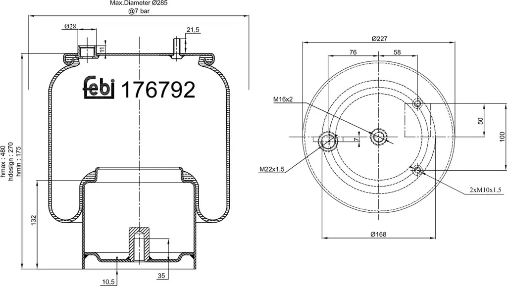 Boudin de Suspension 176792 Febi Bilstein 175-480mm pour DAF CF 168