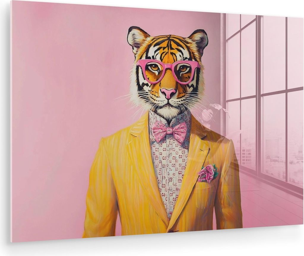 MuchoWow Glasbilder - Bilder auf Wandbild - Foto auf Glas Tiger - Brille - Gelb - Jacke 90x60 cm Wanddekoration aus Glas - Acrylglasbild - Acrylbil...