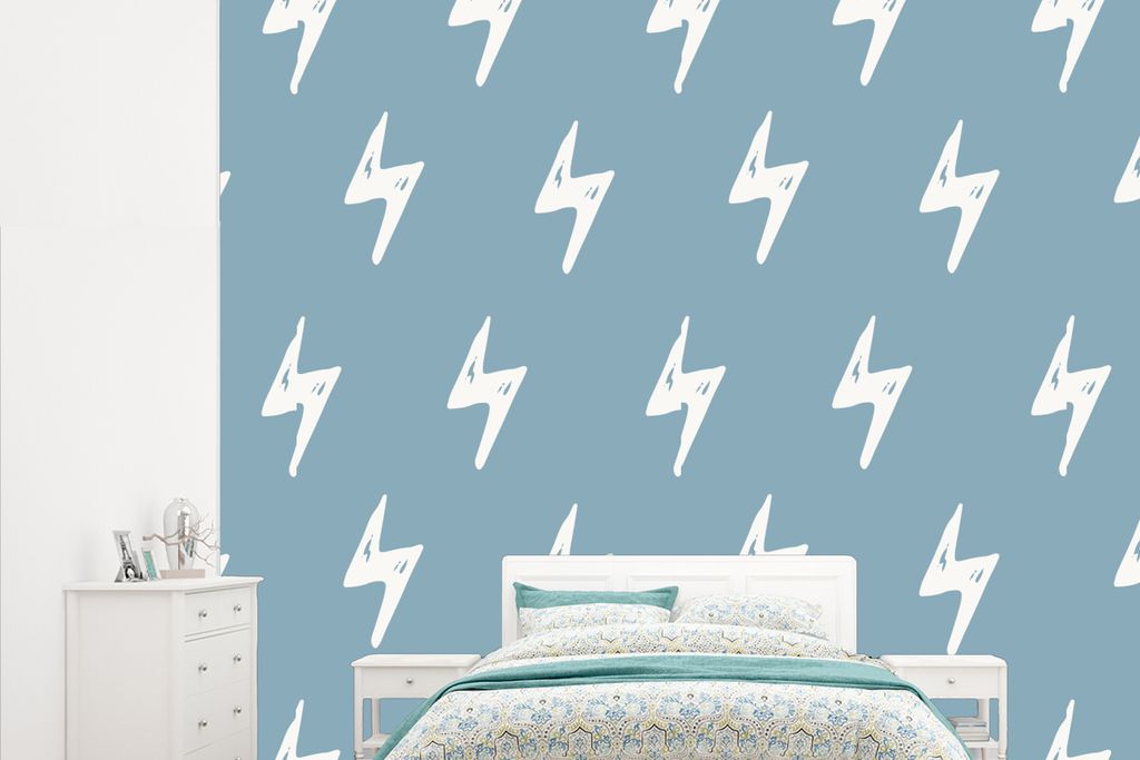 MuchoWow Fototapete für Wohnzimmer oder Schlafzimmer Wandtapete Vinyl Motivtapete Jungen - Muster - Kinder - Blitze - 315x260 cm - Gemustert
