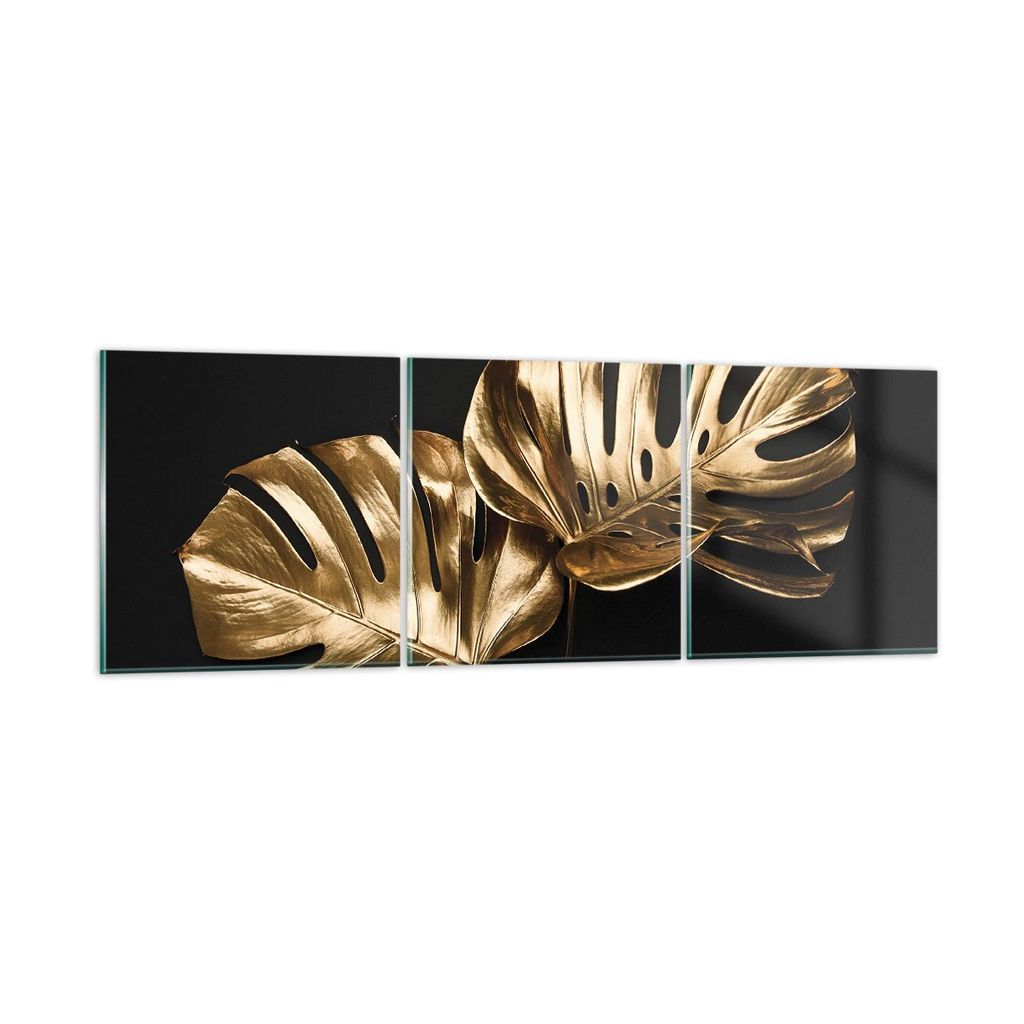 Bilder auf glas - 3 Teile - Golden Blätter Monster - 120x40cm - Glasbilder - Wandbilder - Bilder - zum Aufhängen bereit - Wanddekoration aus Glas...