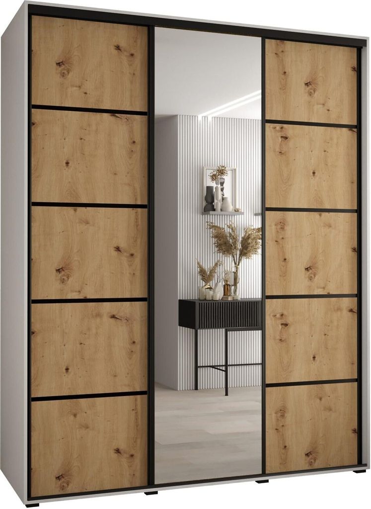 MEBLE KRYSPOL Cannes 5 Schrank mit 3 Schiebetüren - 205,2x190x60 cm - Weiß Artisan Schwarz