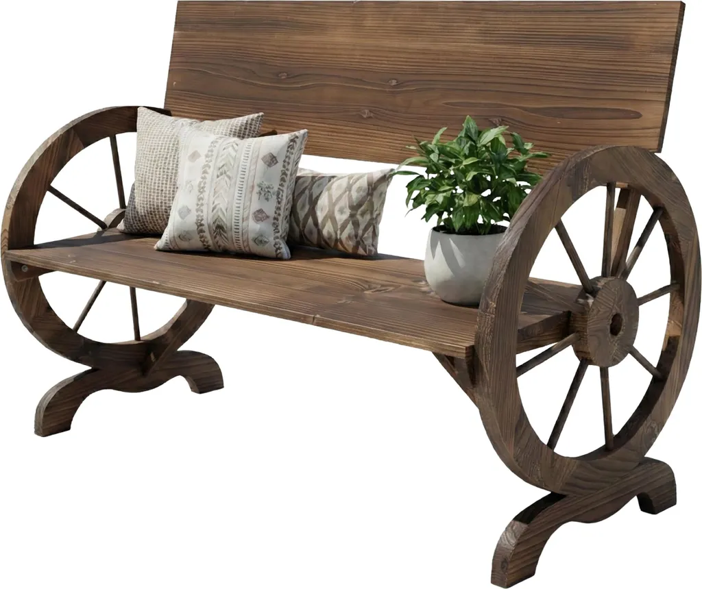 Banc de jardin Relaxdays Roue de Charrette 2 places en bois brûlé - 115cm