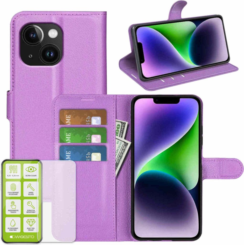 Für Apple iPhone 15 Plus Handy Tasche Lila Etuis Kunst-Leder Hülle Case + H9 Hart Glas