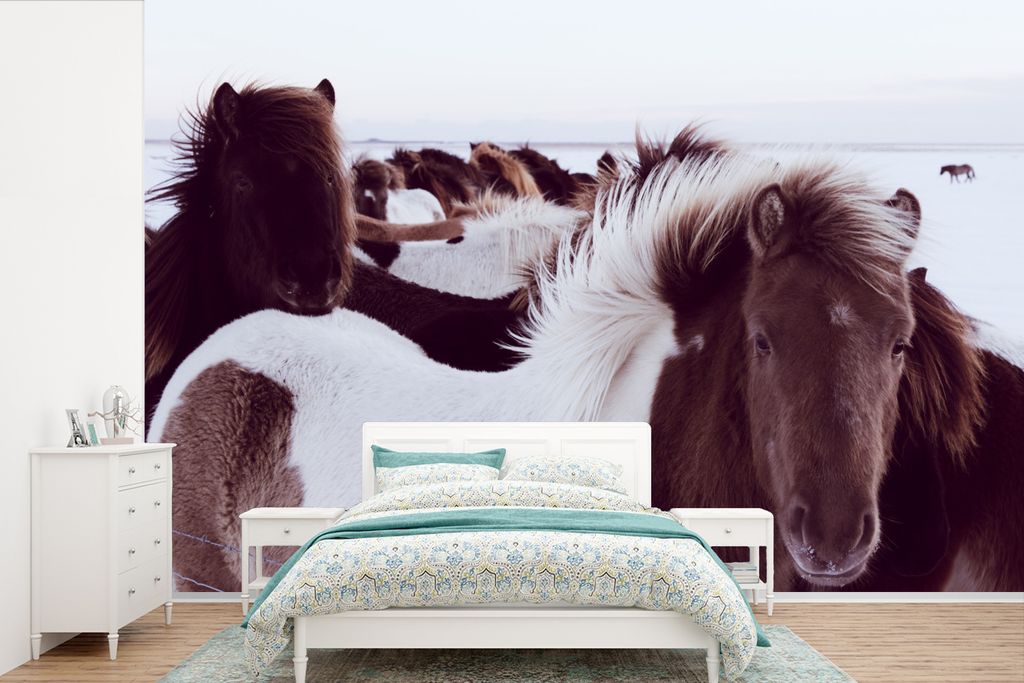 MuchoWow Fototapete für Wohnzimmer oder Schlafzimmer Wandtapete Vinyl Motivtapete Pferde - Schnee - Island - 420x280 cm - Zimmer für Kinder