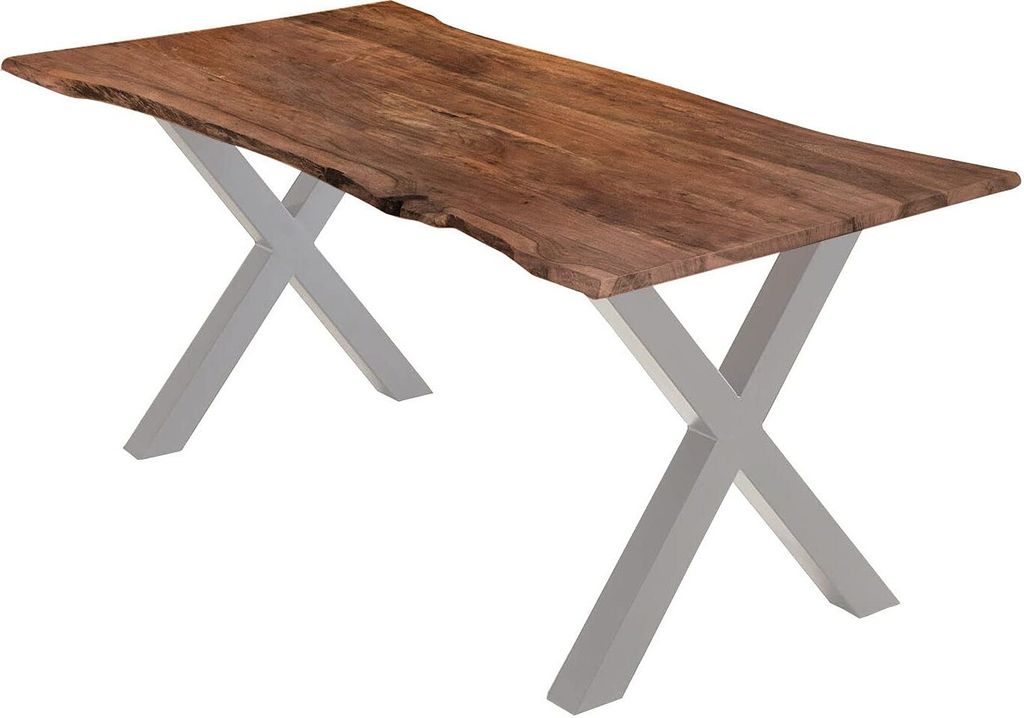 Esstisch 300x100 cm Burgos, Akazienholz massiv + nussbaumfarben + lackiert, echte Baumkante, Baumkantentisch mit X-Gestell aus Metall Silber, Tisch...