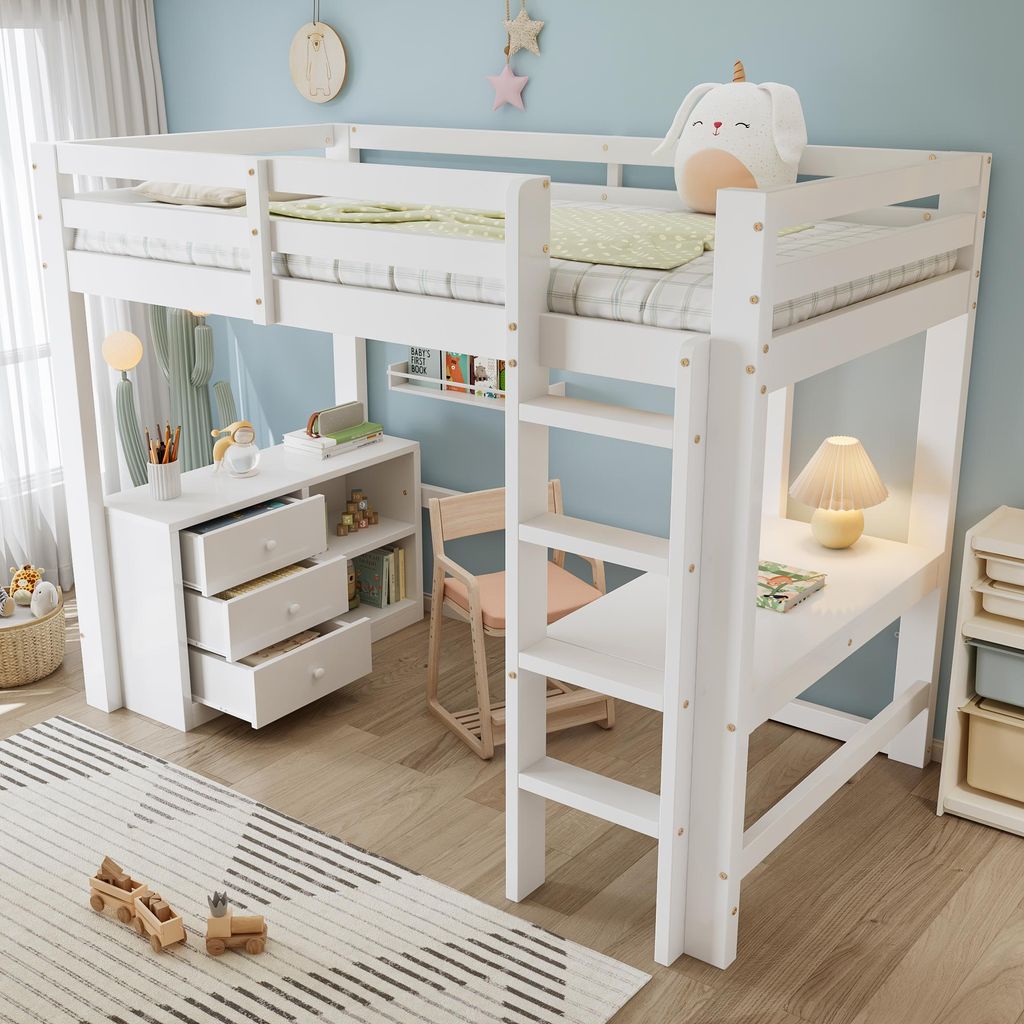 MODFU Kinder-Hochbett 90x200 Bettrahmen mit Integrierter Schreibtisch,Bettgestell Funktionbett mit vierstufige Leiter und Lattenroste,Weiß(mit Mat...