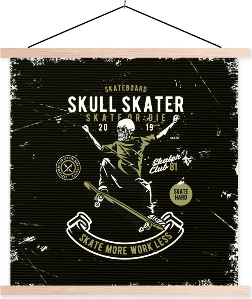 MuchoWow Textilposter Skateboard - Skelett - Vintage - Zitat 60x60 cm mit holzfarbenen Rahmen - Wanddekoration