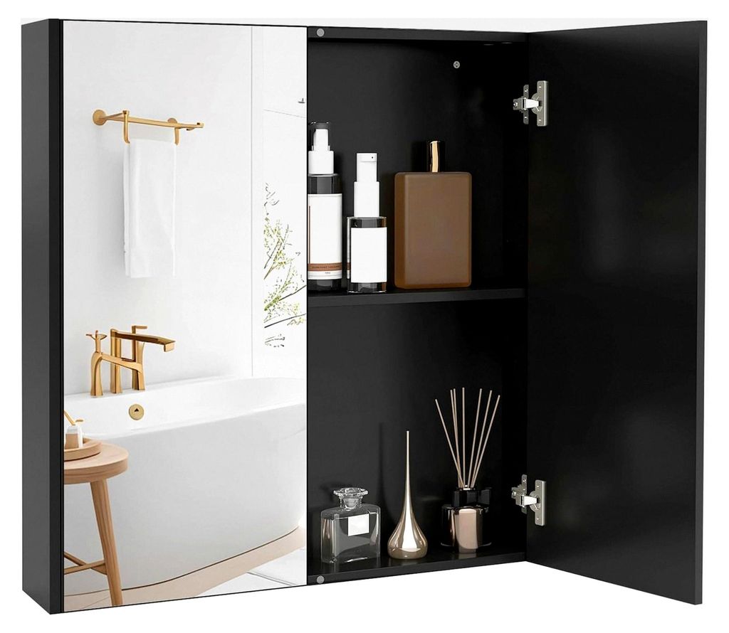 Spiegelschrank für das Badezimmer, Wandschrank mit Spiegel, Hängeschrank aus Holz, 62 x 11,5 x 65 cm (Schwarz)