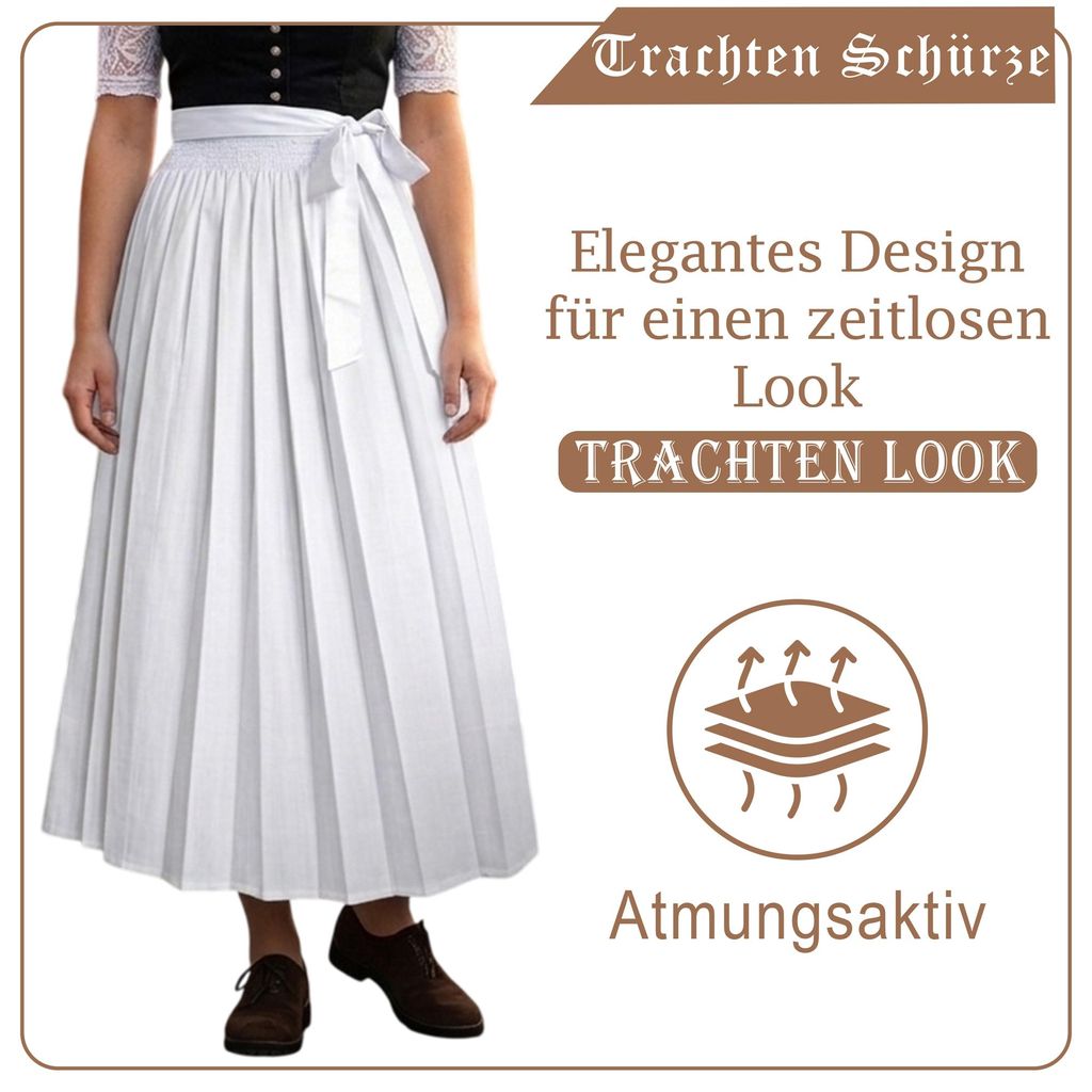 Trachten Schürze: Elegantes Design für einen zeitlosen Look, TRACHTEN LOOK. Unten Icon mit Text „Atmungsaktiv“.