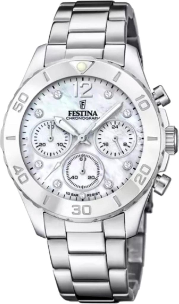 A studio shot of a silver women's watch with a white mother-of-pearl dial.