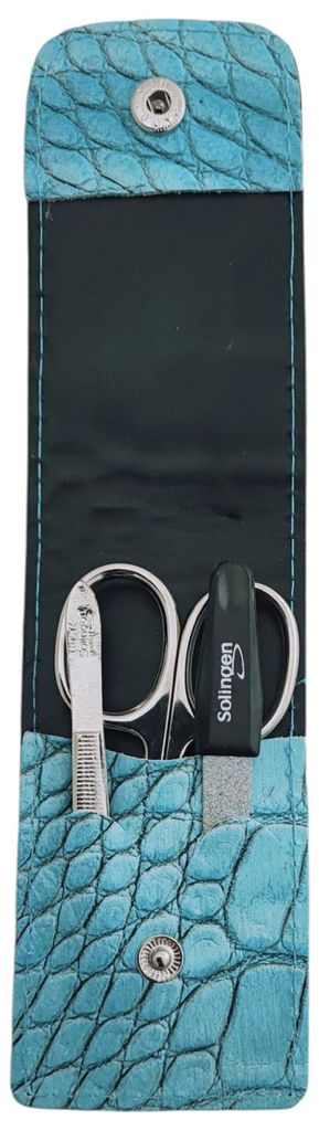 Solingen Maniküre Set 3-teilig – Nagelschere, Pinzette & Saphirfeile – Echtleder Etui Germany Hellblau / Kayman