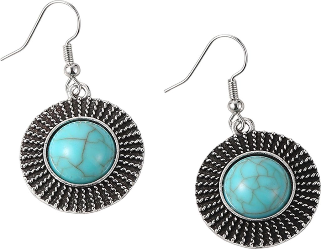 1 Paar Damen-Hakenohrringe, runde Form, Retro-Böhmen-Stil, Kunsttürkis, Edelstahllegierung, Ohrschmuck, lange hängende Ohrringe, baumelnde Ohrringe
