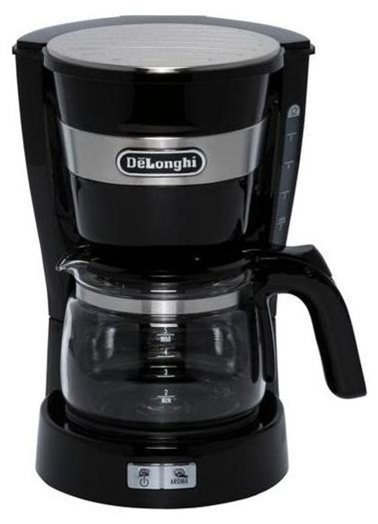 A black DeLonghi coffee maker with a glass carafe.