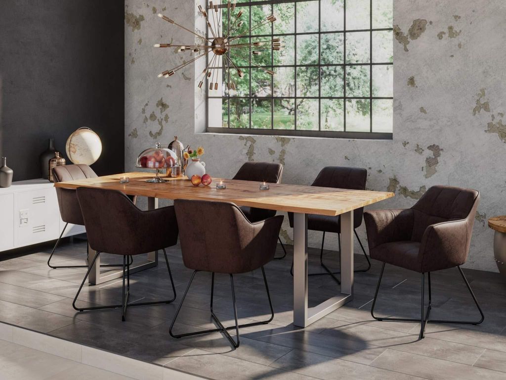 7tlg. Essgruppe Dora 200 x 100 cm, Mangoholz massiv & naturfarben, Baumkantentisch mit U-Metallgestell in Silber + 6X Stuhl Kirin in Wildleder-Optik