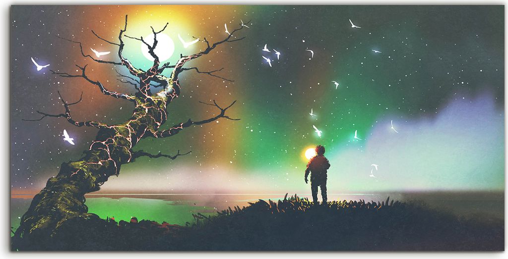 Coloray Canvas 100x50 Wandbild Leinwand Bilder Nachtlandschaft Jungen mit Lichtkugel
