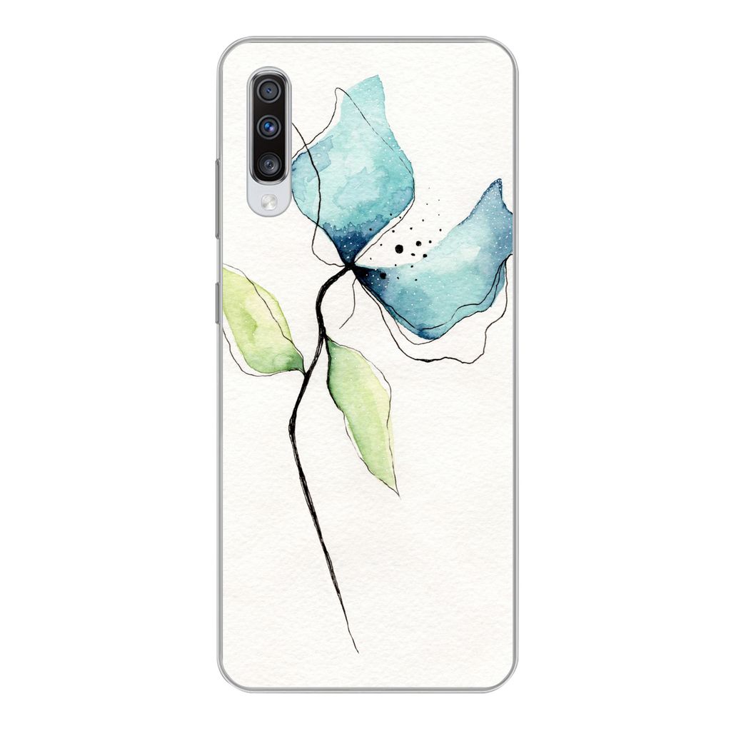 MuchoWow Handyhülle Schutzhülle Hülle für Samsung Galaxy A70 Blumen - Aquarell - Blau Silikon Softcase Handy Hülle - Schutzhaube