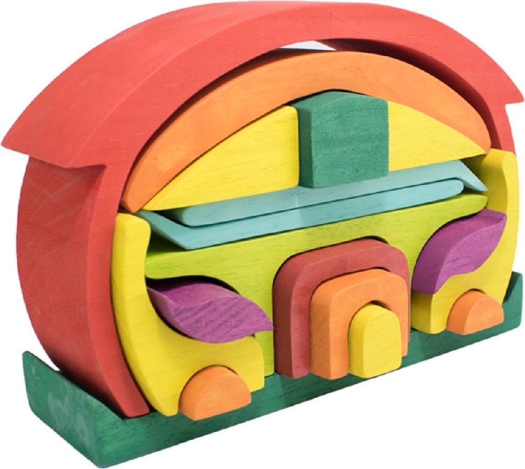 Bauhaus Bauklötze Bausteine Holzhaus Holzbausteine Motorikspielzeug Waldorfpädagogik aus Naturholz Runddach Rotes Haus