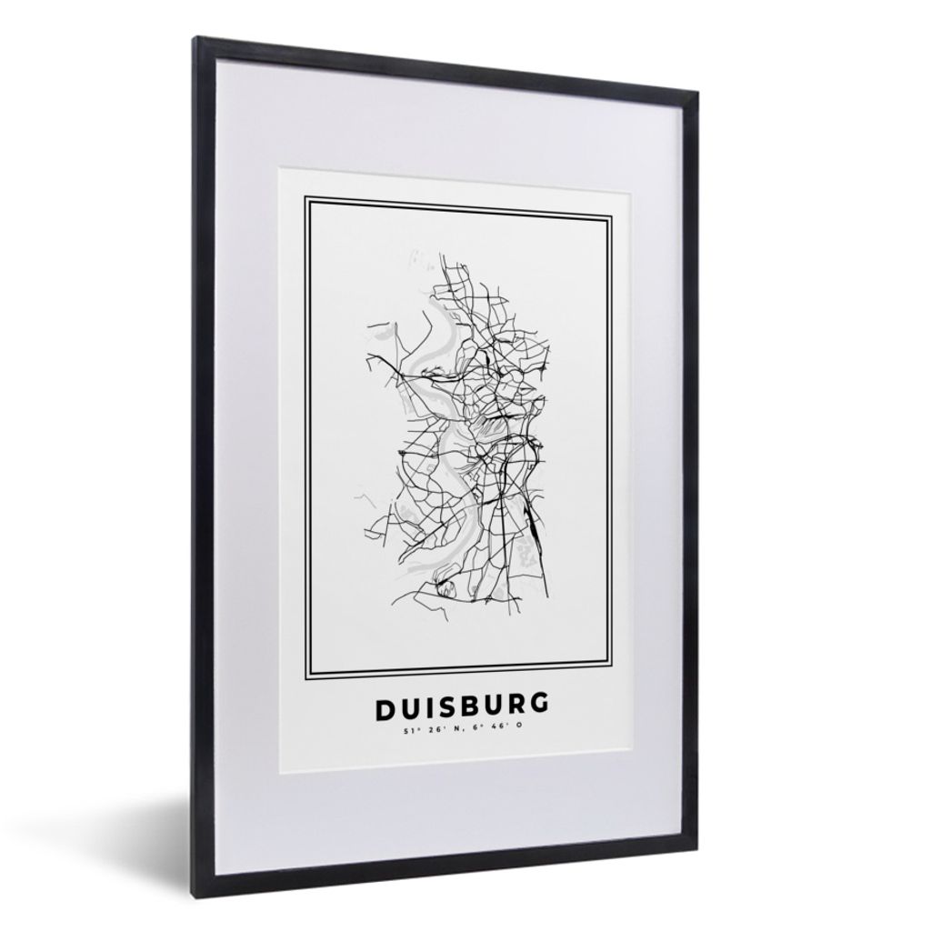 MuchoWow Gerahmtes Poster Stadtplan - Deutschland - Schwarz-weiß - Duisburg - Karte 40x60 cm - Poster mit Schwarzem Bilderrahmen Wandposter Rahm...