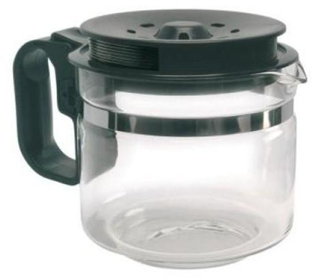 A clear glass coffee pot with a black lid and handle.