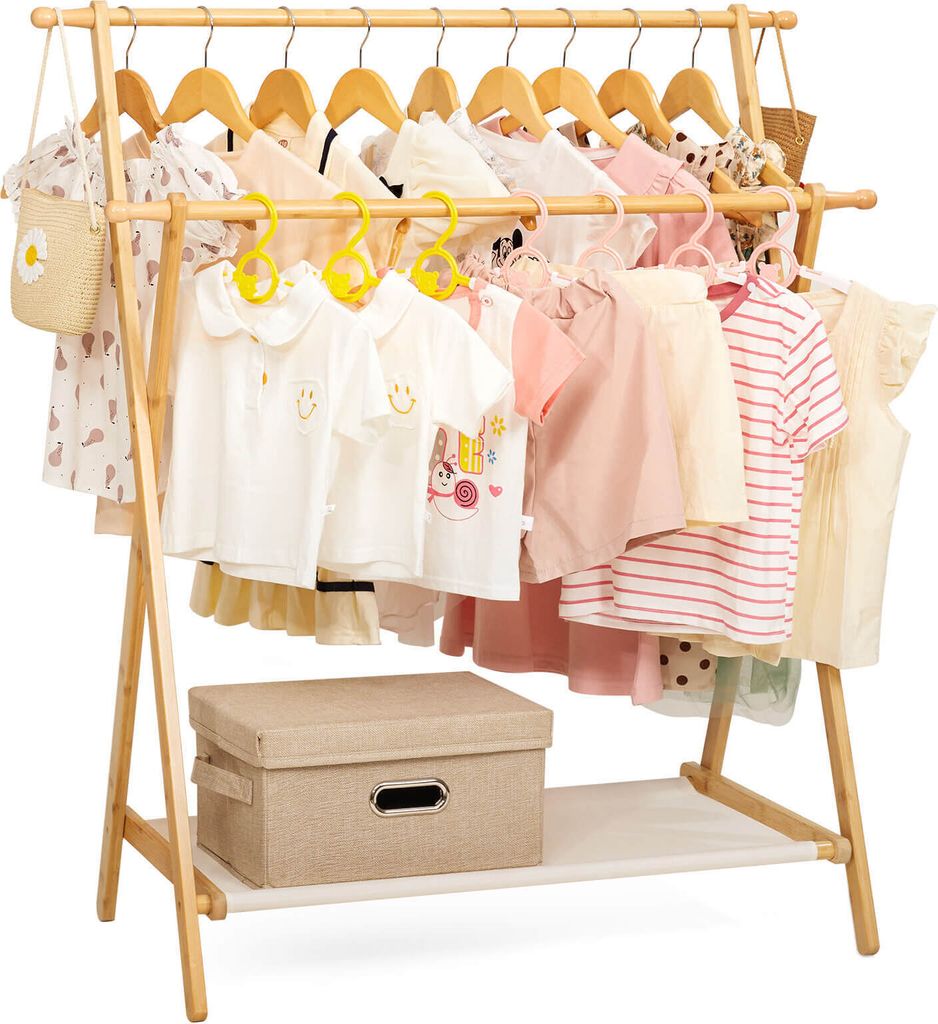 Yorbay Kinder Kleiderregal Doppelstangen Kleiderständer für Kinder aus Bambus tragbarer Garderobenständer mit unterem Oxford-Gewebe-Regal ,natu...