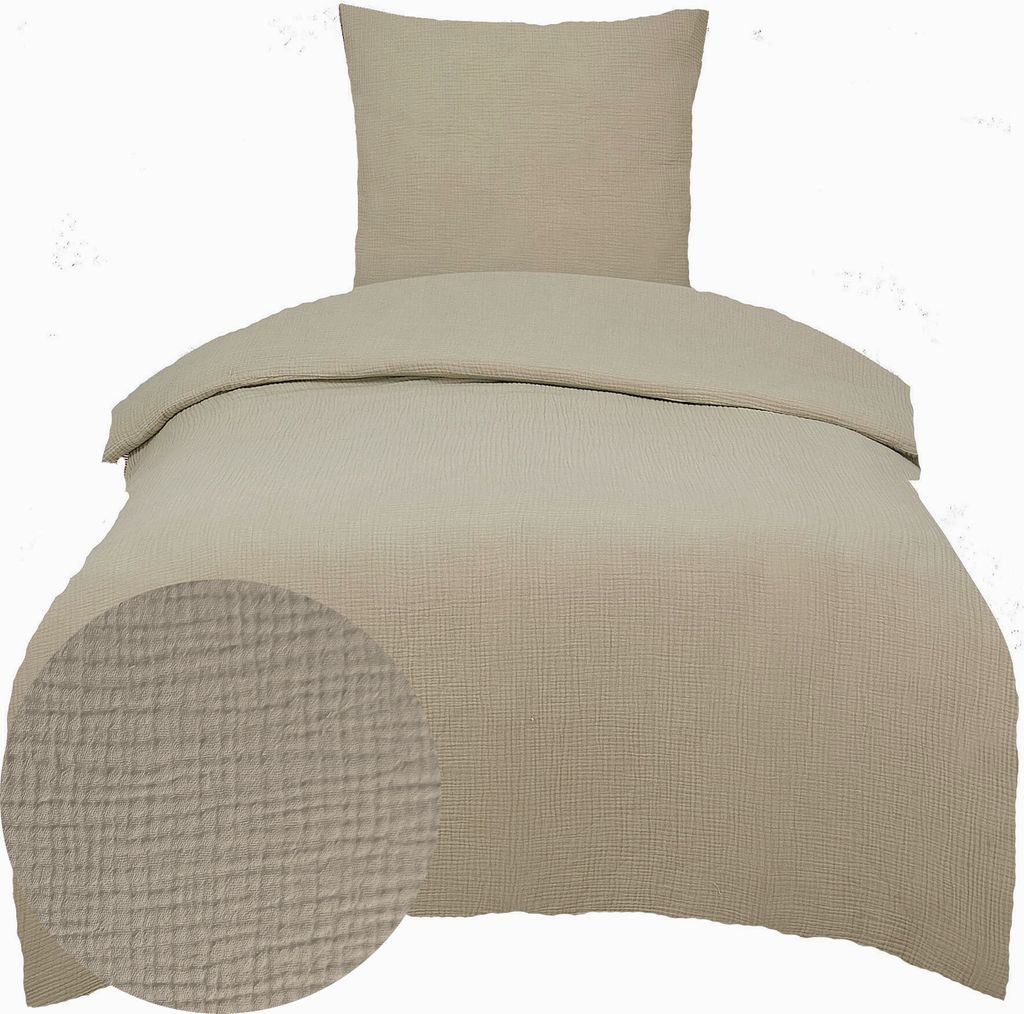 2-tlg. Musselin Baumwoll Bettwäsche, 135x200 +80x80cm, uni/einfarbig beige, bügelfrei