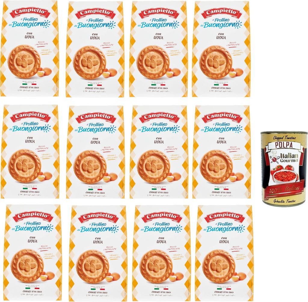 A collage of Campiello cookies and a can of Italian Gourmet polpa.