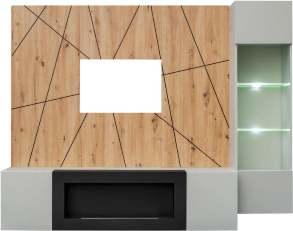 Wandzusammensetzung IXAR geometrisch – TV-Möbel, hängendes Vitrine, Wandpaneele und Bio-Ethanol-Kamin