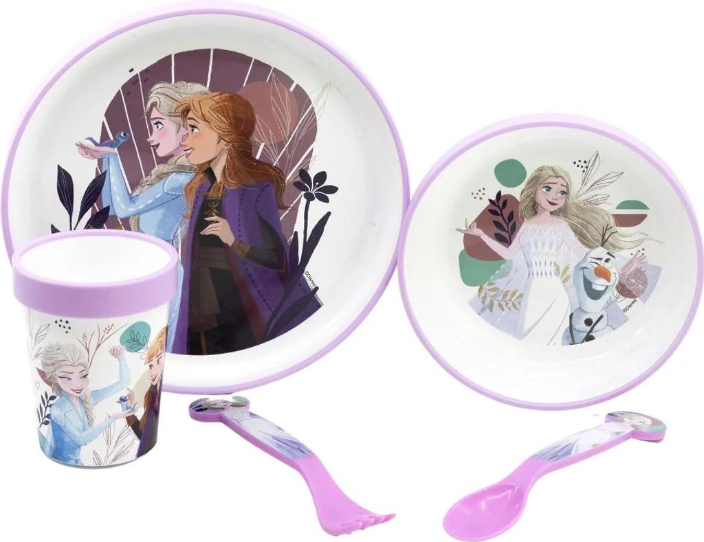 Disney Die Eiskönigin Elsa Geschirr-Set 5 teilig Becher Teller Schüssel Besteck