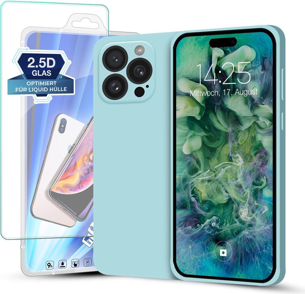 Hülle für Apple iPhone 16 Pro mit 9H Displayglas Displayschutz Plus Case Cover Bumper Silikon Softgrip Schutzhülle Farbe: Hellblau