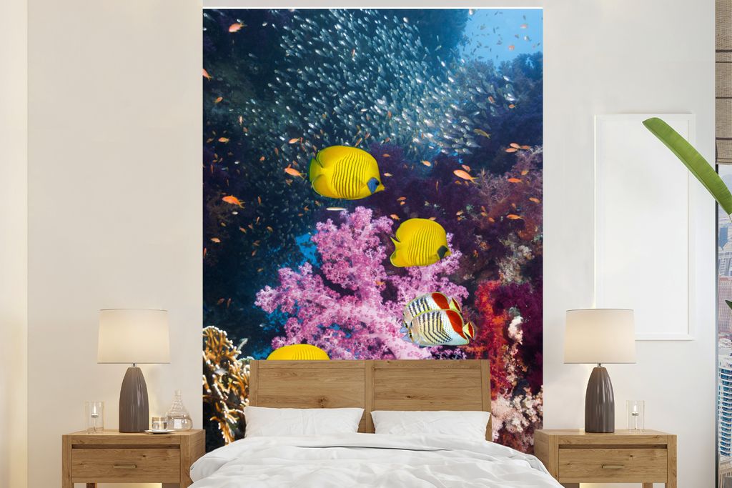 MuchoWow Fototapete für Wohnzimmer oder Schlafzimmer Wandtapete Vinyl Motivtapete Koralle - Fische - Farben - Meer - 225x350 cm - Schlafzimmer t...