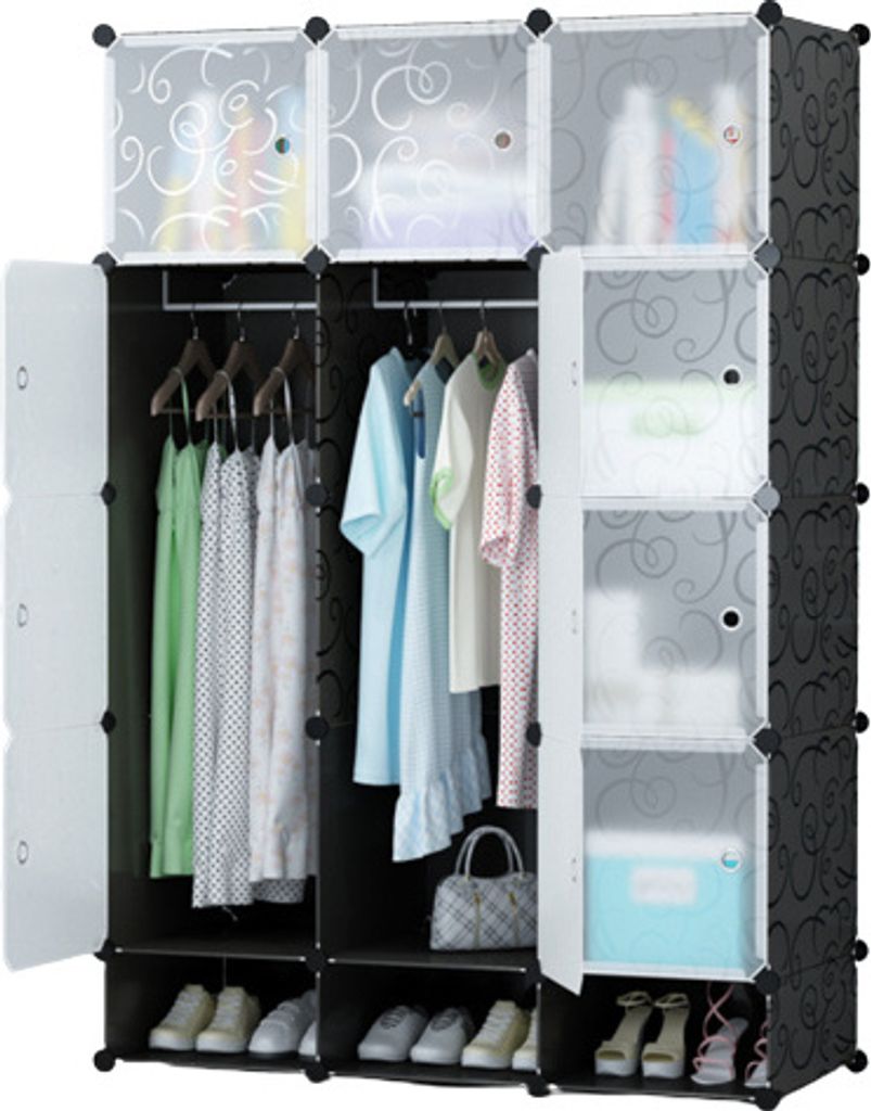 A modular wardrobe with clothes and shoes inside.