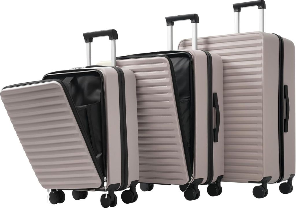 3tlg. Hartschalenkofferset, Gepäckset, Rollkoffer, Front-Öffnungs-Design, Klappbare Getränkehalter, TSA-Schloss, 360°-Rollen, M-L-XL Reisekoffe...