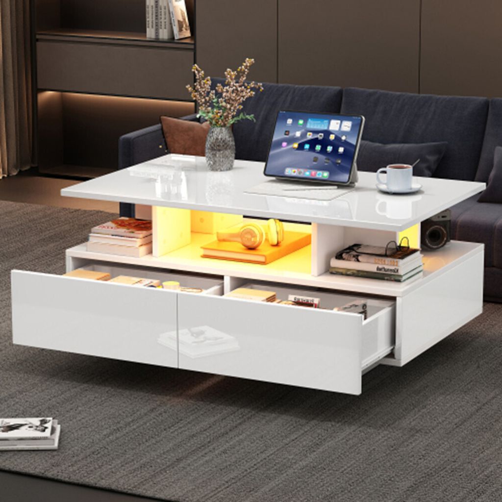 Couchtisch mit LED-Beleuchtung und 2 Schubladen – Stilvoller 90x55x41 cm Beistelltisch mit Stauraum