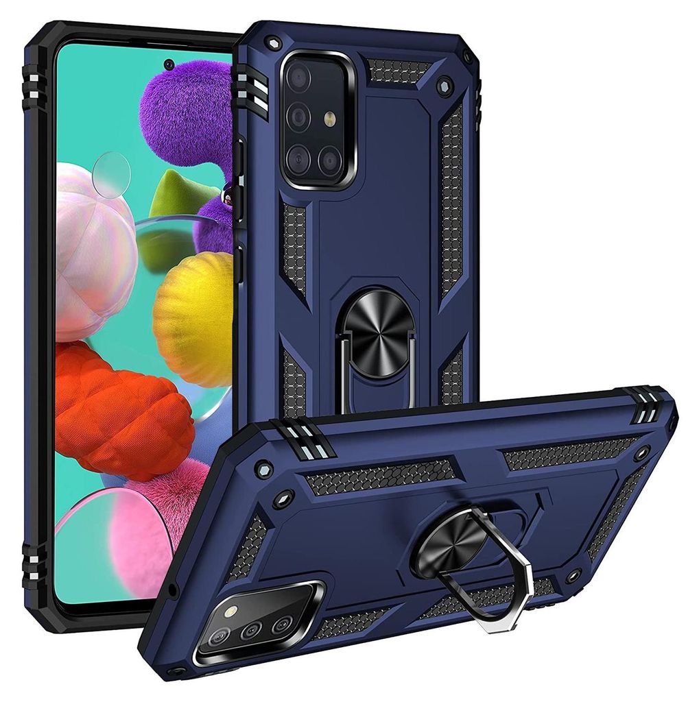 A dark blue protective phone case with a ring stand is shown from two angles, with a Samsung Galaxy A51 phone partially visible in the background.