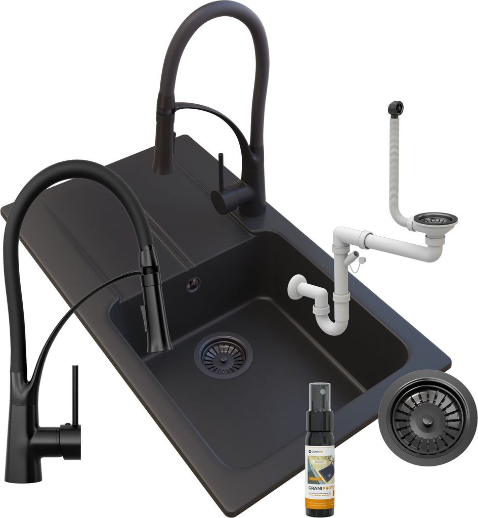 Granitan | Granitspüle TASOS - Schwarz - mit NEXO Armatur - manuelle Siphon - elegantes Design