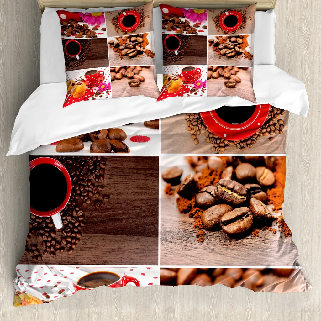ABAKUHAUS Copripiumino caffè, tazza a pois fioriti, antiacaro, adatto a chi soffre di allergie, con federe, 155 cm x 220 cm - 80 x 80 cm, rosso-marrone