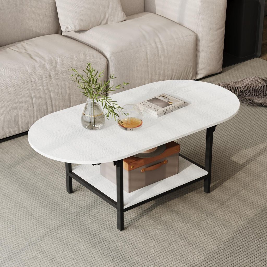 Klappbarer Couchtisch, Doppelstöckiger Beistelltisch, für Wohnzimmer und Balkone, Weiß + Schwarz, Metall + MDF, 120 × 45 × 60 cm