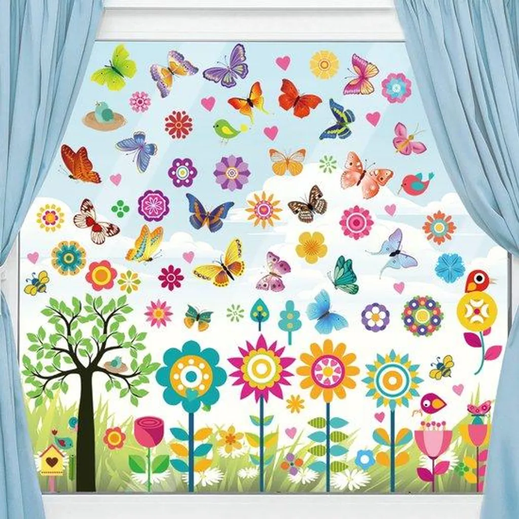 Déco été pour vitres - Autocollants fleurs et papillons anti-collision